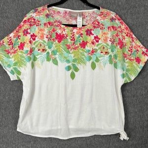 🌷Chico's Floral Green & Pink Flowers Tie Waist Lightweight Cap Sleeves Large.